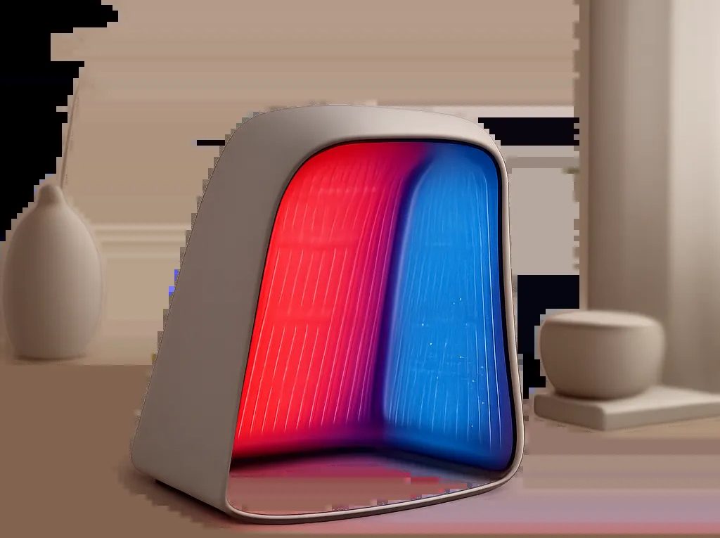 Une illustration sobre d’un appareil de lumière rouge et bleue dans un univers premium et minimaliste. L’image évoque un usage à domicile, ciblé et crédible pour le soin ou la récupération.