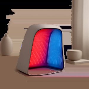 Une illustration sobre d’un appareil de lumière rouge et bleue dans un univers premium et minimaliste. L’image évoque un usage à domicile, ciblé et crédible pour le soin ou la récupération.