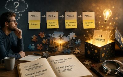 Illustration conceptuelle d'une personne réfléchissant à une surprise mystérieuse dont le sens se révèle progressivement au fil du temps, symbolisée par des pièces de puzzle, des notes et une lumière représentant la compréhension tardive.