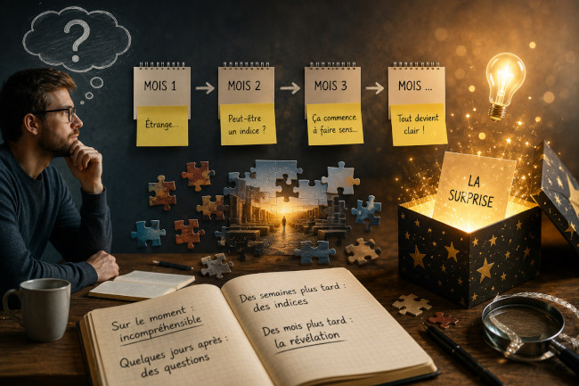 Illustration conceptuelle d'une personne réfléchissant à une surprise mystérieuse dont le sens se révèle progressivement au fil du temps, symbolisée par des pièces de puzzle, des notes et une lumière représentant la compréhension tardive.