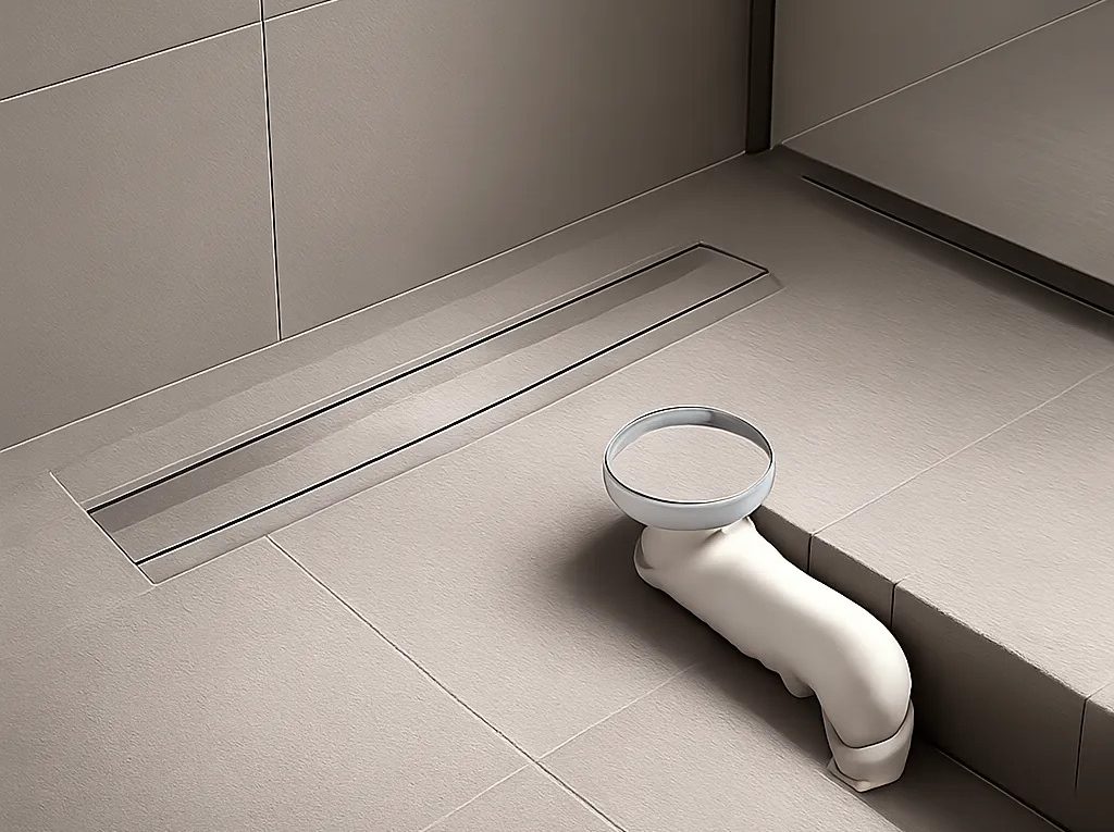 Illustration d’un siphon de sol moderne dans une douche à l’italienne, mettant en valeur l’évacuation, la filtration et la finition du matériau. Image claire et rassurante pour un article conseil.