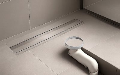 Illustration d’un siphon de sol moderne dans une douche à l’italienne, mettant en valeur l’évacuation, la filtration et la finition du matériau. Image claire et rassurante pour un article conseil.