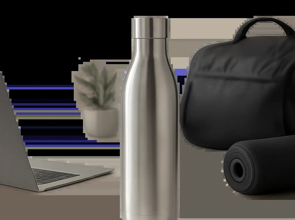 Une gourde en inox premium mise en scène dans un environnement moderne et épuré. L’image évoque la fiabilité, la durabilité et l’usage quotidien au bureau, au sport et en déplacement.