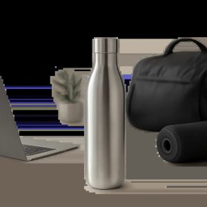 Une gourde en inox premium mise en scène dans un environnement moderne et épuré. L’image évoque la fiabilité, la durabilité et l’usage quotidien au bureau, au sport et en déplacement.