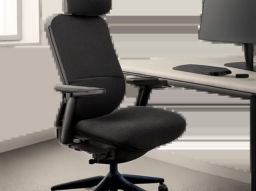 Illustration d’une chaise ergonomique premium dans un espace de travail moderne. L’image met en avant le confort, le maintien lombaire et l’adaptation à une posture de bureau prolongée.