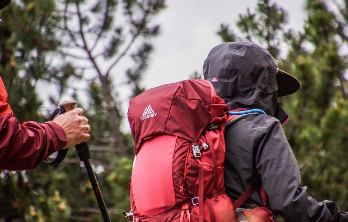 Deux randonneurs en forêt, sacs à dos rouges, bâtons de marche, vêtements de pluie