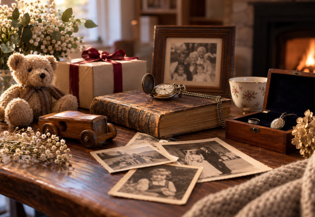Cadeaux et objets anciens transmis comme souvenirs et patrimoine familial