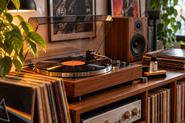Lecteur vinyle vintage installé sur un meuble en bois avec enceintes hi-fi et accessoires d’entretien